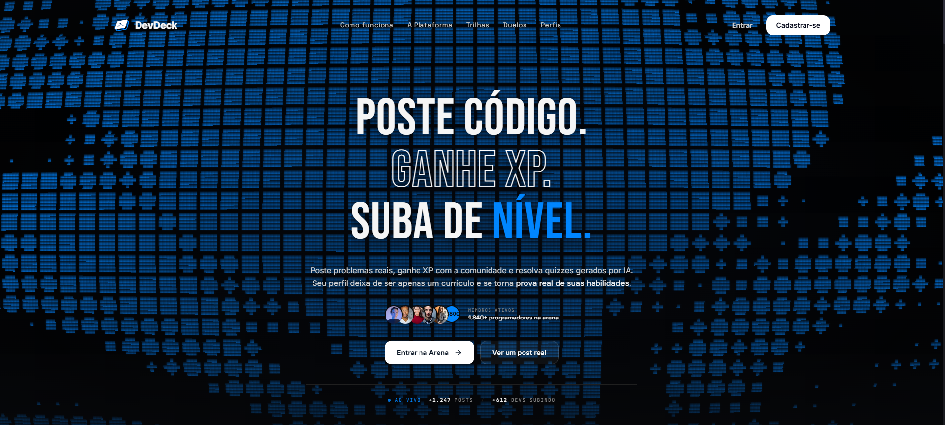 Landing page do DevDeck com mapa digital azul